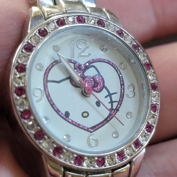 Hello Kitty Silver Watch Pink Heart Rhinestone Dial Women Bracelet Style Cute - Picture 7 of 10